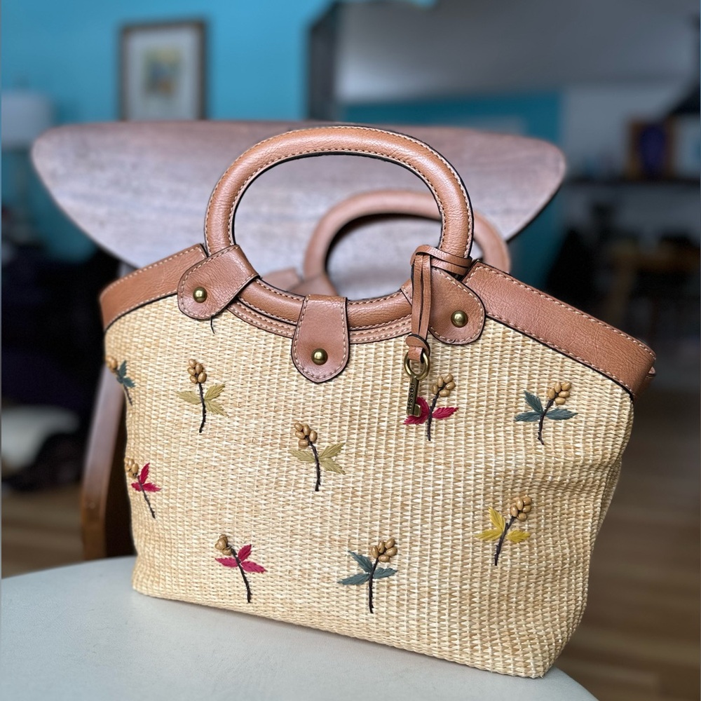 Coastal Boho Vintage Fossil Brown Leather & Floral-Embroidered Straw SatchelBag - Picture 5 of 15